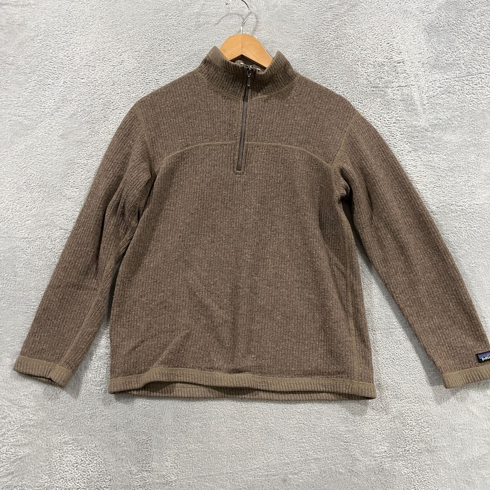 Patagonia Sweater Womens Medium Brown Wool Ribbed Quarter Zip Logo Tight Knit‎